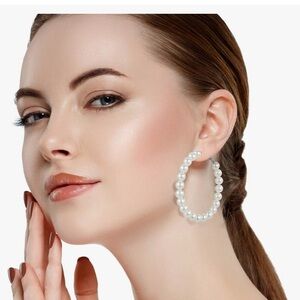 2 pair 2.5” & 3” Faux Pearl Beaded Hoop Earrings NWT
